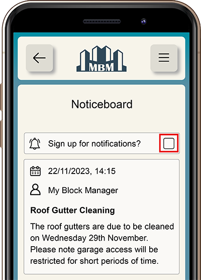 My Block Manager Screenshot of the Noticeboard page